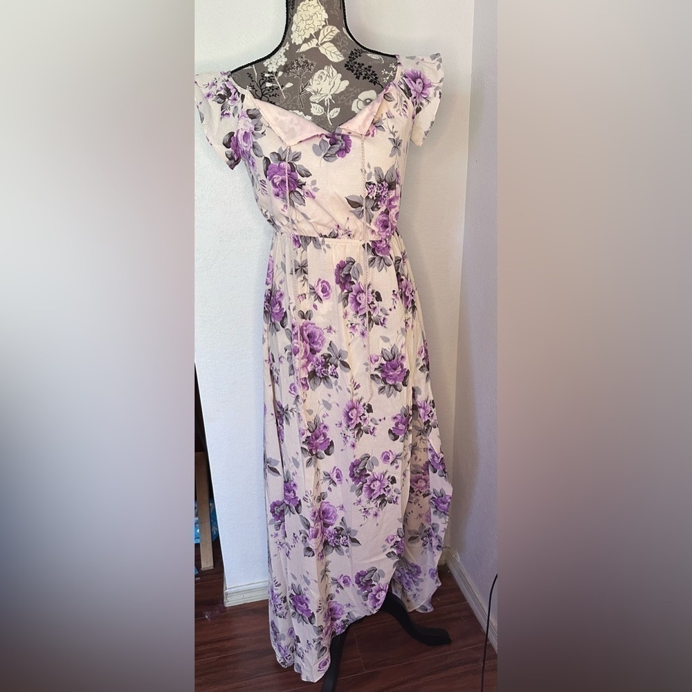 Tiger Mist off the shoulder maxi dress with purple floral print in cream Sz S